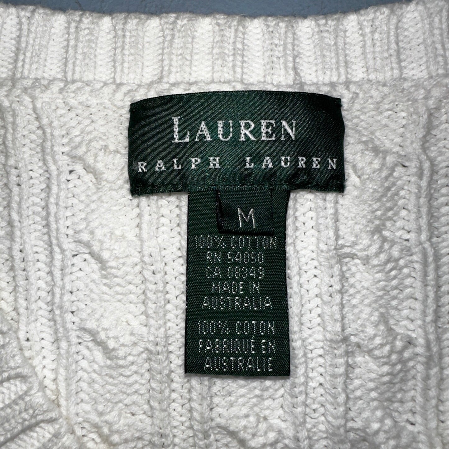 Lauren Ralph Lauren White Cable Knit V Neck Pullover Sweater Womens M Cotton