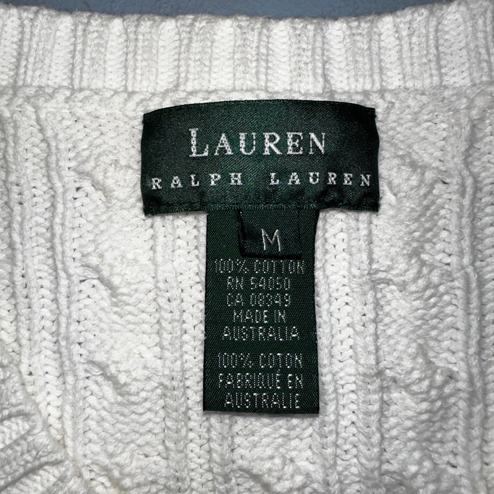 Lauren Ralph Lauren White Cable Knit V Neck Pullover Sweater Womens M Cotton