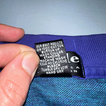 Carlyle VTG Short Sleeve Knit Polo Sz L Rockabilly Crazy Print Pattern Blue 70s