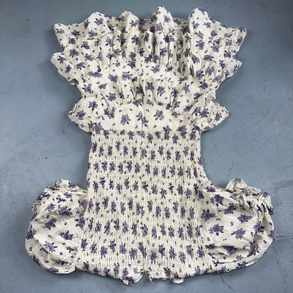 Olivaceous Medium Chiffon Tiered Babydoll Dress White Short Sleeve Floral