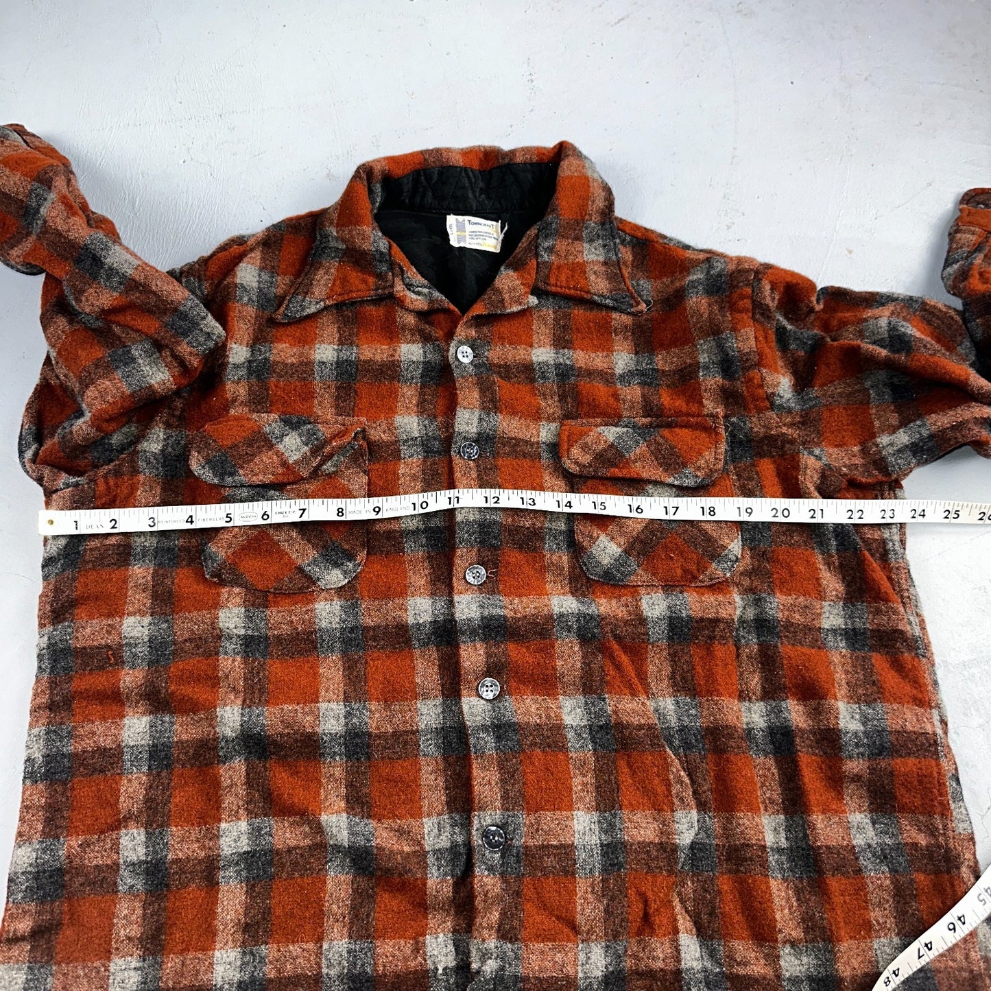 Vintage 60s 70s Towncraft Wool Flannel Blend Button Up Shirt Penneys XL Orange