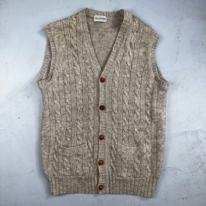 VTG Cranmore 100% Shetland Wool Mens Sweater Vest Size XL Gray Cable Knit Button