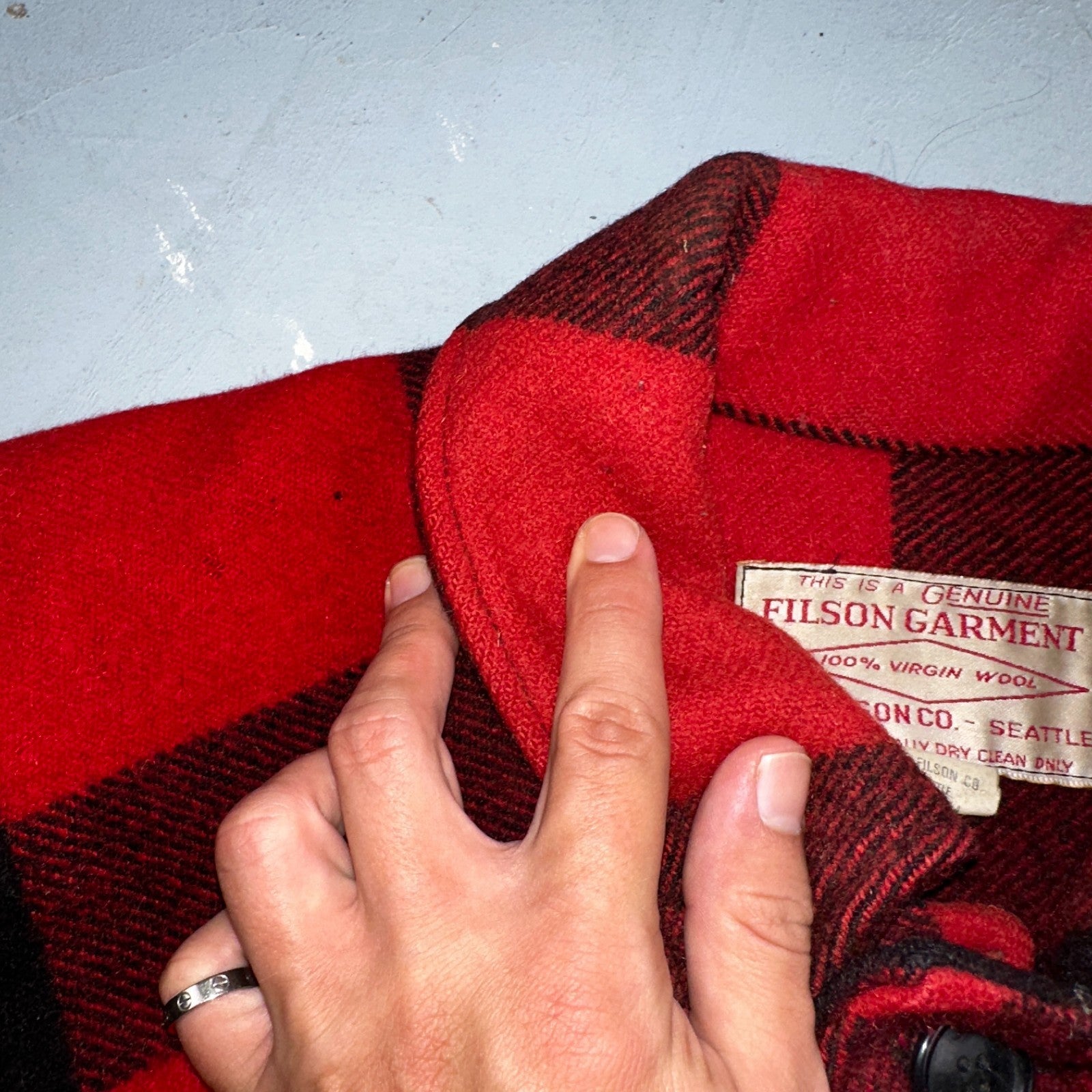 Filson Double Mackinaw Cruiser Coat Jacket Mens 46 Red Plaid Wool 70s Vintage