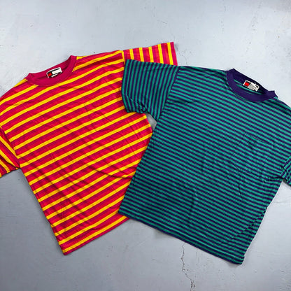 Striped Lot of 2 Headliners VTG T Shirt 90s Green Blue Pink Yellow Fun Large