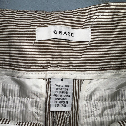 GRACE Brown & White Striped Casual Pants Cropped Size 4 Y2K VTG Cotton Nylon