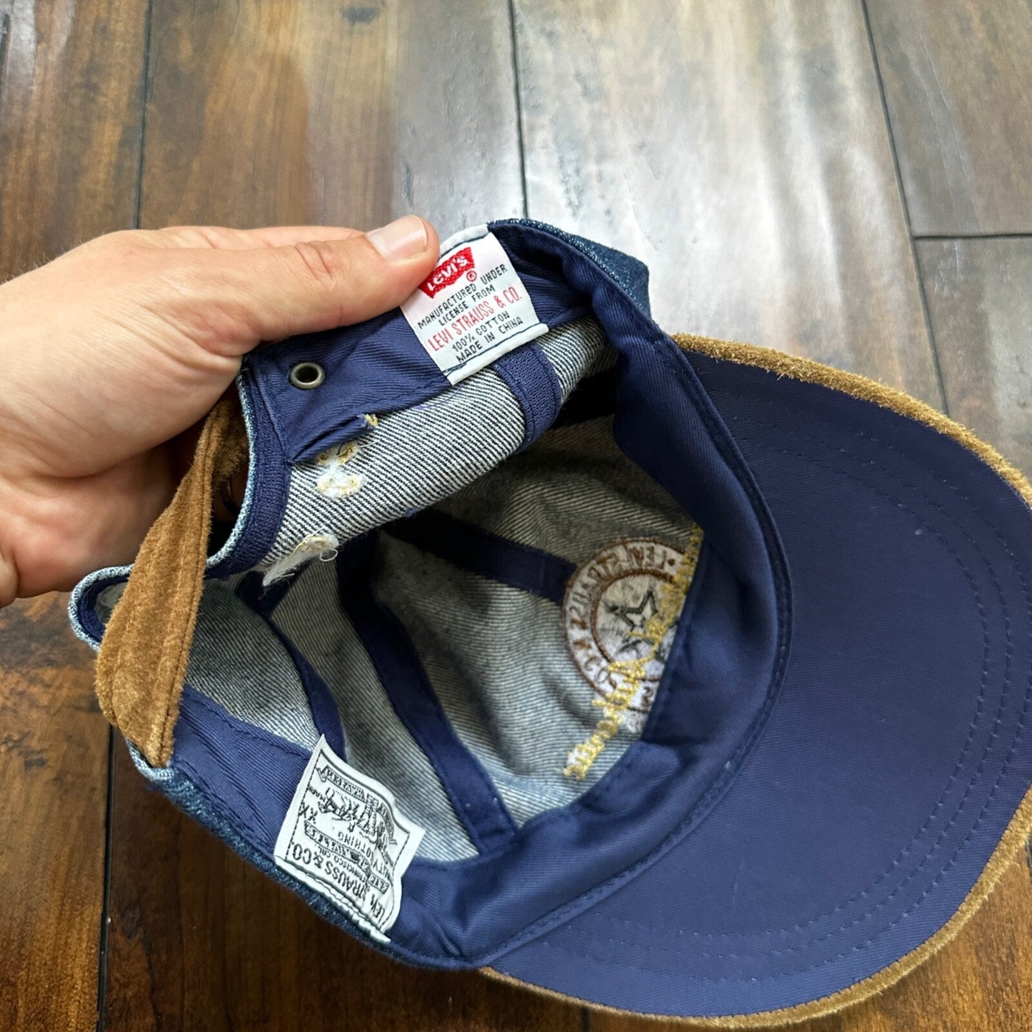 Vintage Levis Jeans Blue Denim w/ Brown Suede Leather Bill Strapback Hat Cap