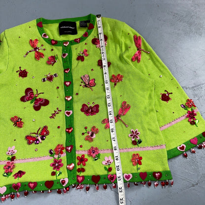 Michael Simon VTG 2000 Dragonfly Hearts Cardigan Sweater Green Valentines Day