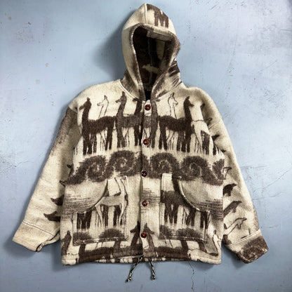 1970s Wool Lama Bird Coat Mens Jacket Size L Sweater Button Up 70s Rockabilly