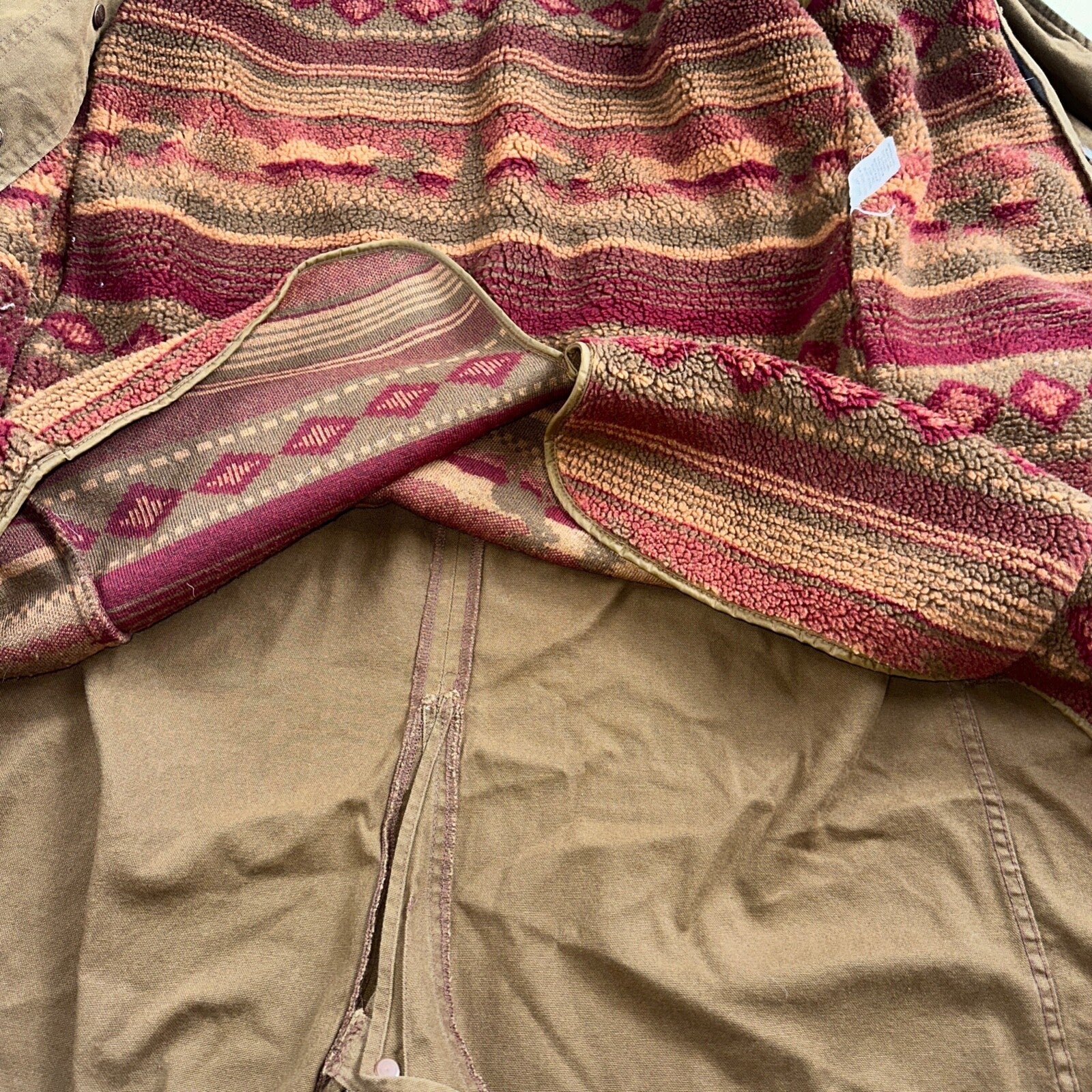 Vintage LL Bean Aztec Fleece Lined Womens Canvas Long Button Duster Coat M