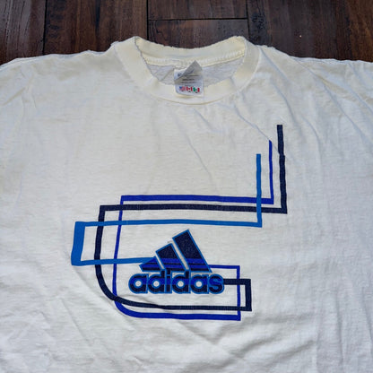 Adidas White Short Sleeve Vintage T Shirt Logo Thrashed 90s Y2K Cut Torn Rap