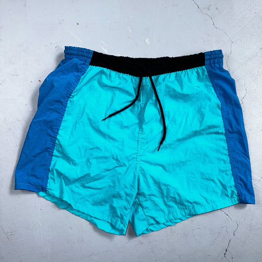 Express Short Surf Swim Trunks Mens L Board Pockets Swimwear Blue Vintage 80s