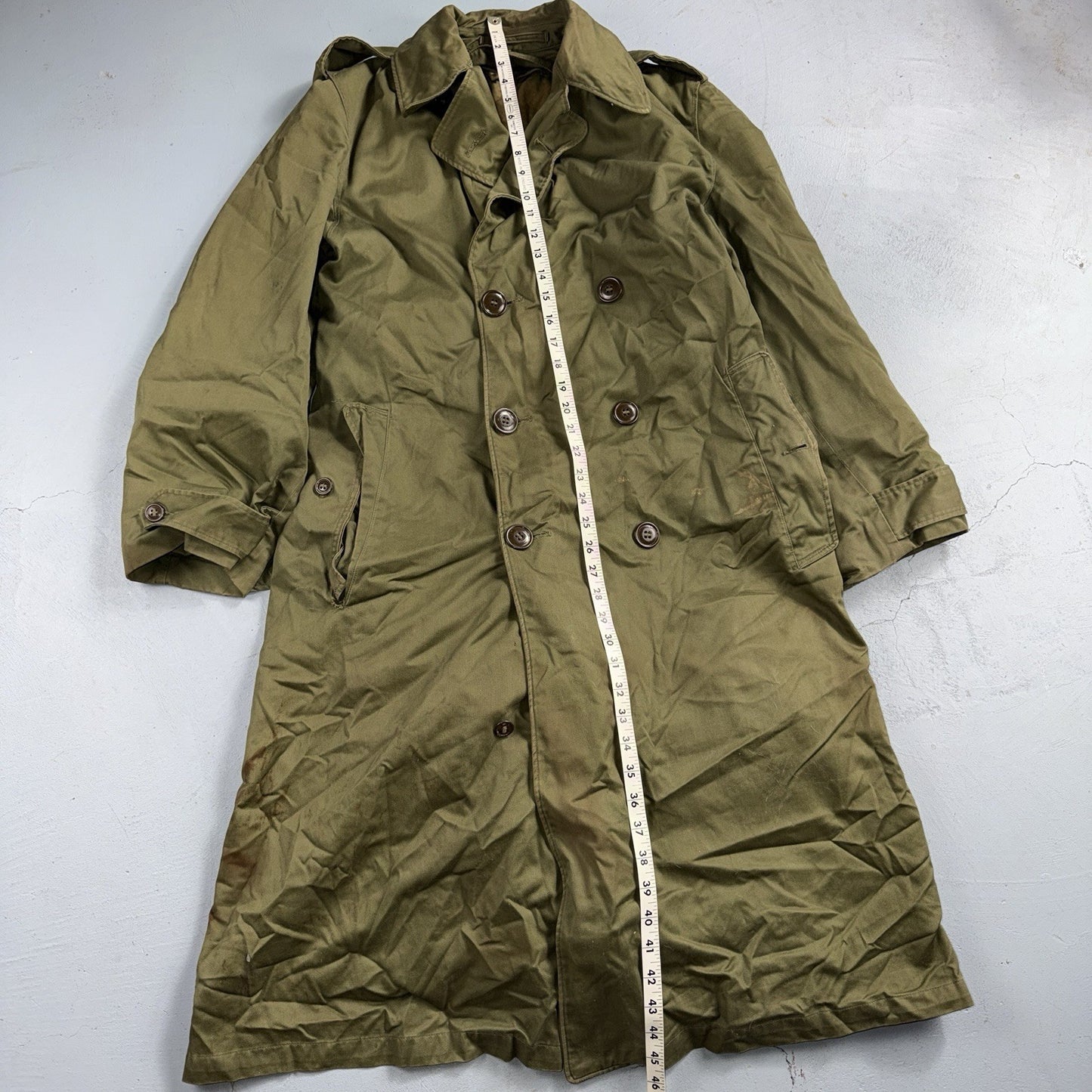 1950 US Army OD-7 Overcoat Cotton No Liner Korean War Trench Coat Belted OG 107
