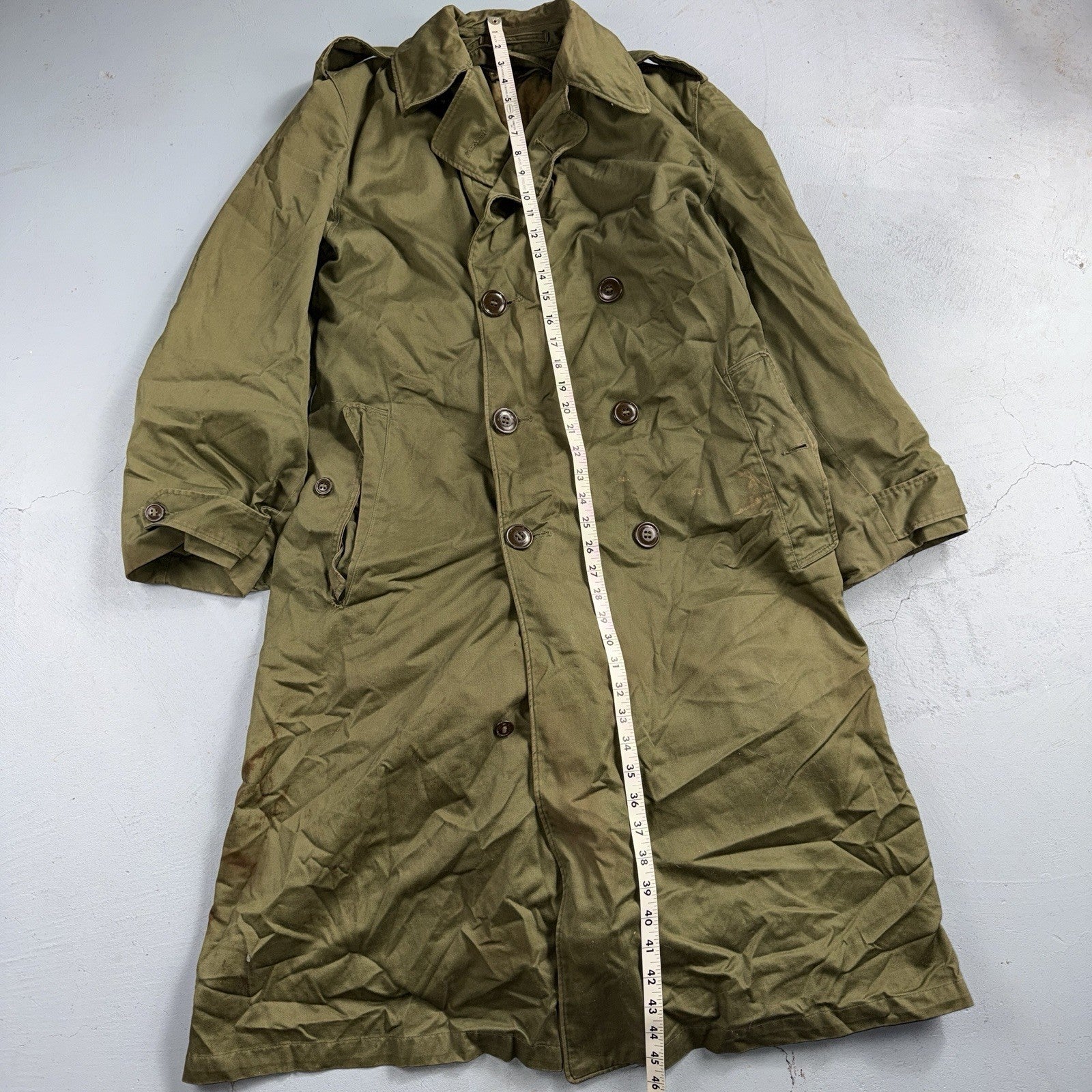 1950 US Army OD-7 Overcoat Cotton No Liner Korean War Trench Coat Belted OG 107