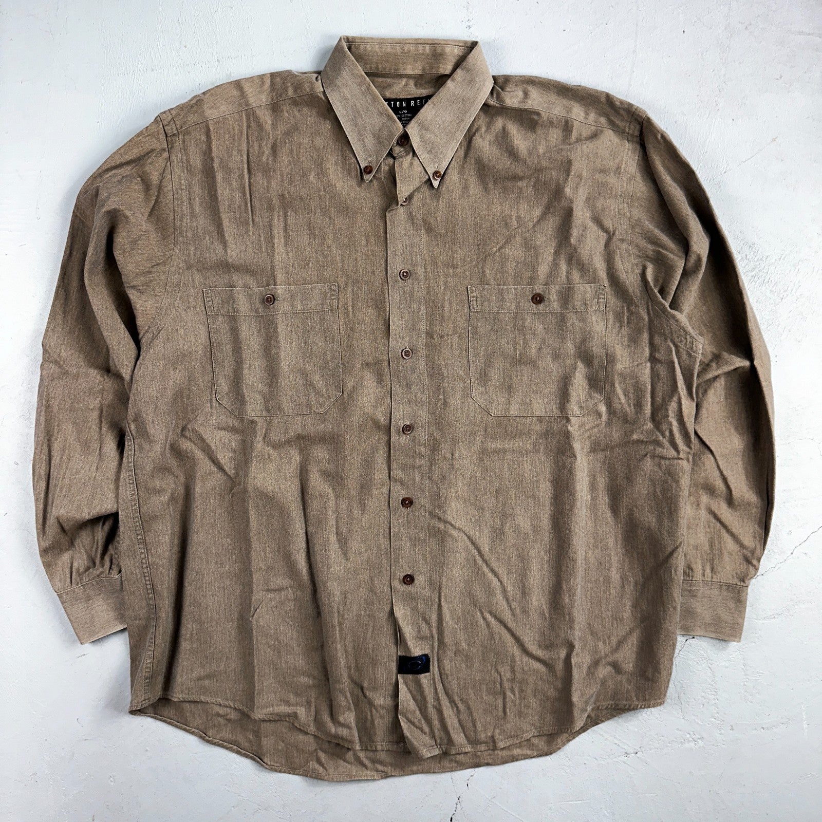 Cotton Reel Men's Long Sleeve Button Down Shirt Size L Brown Gray VTG 90s Canada
