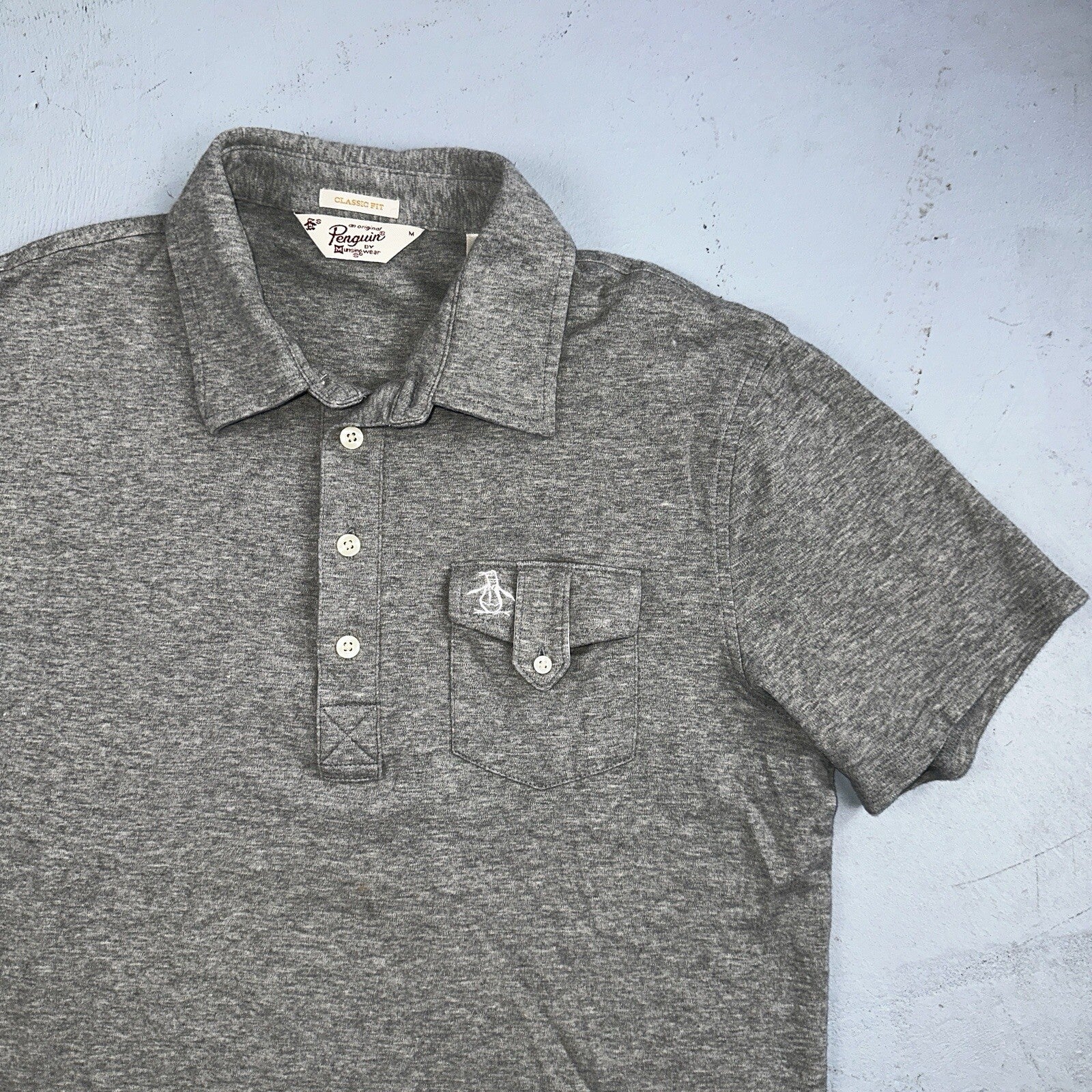 Penguin Polo Shirt Mens M Gray Short Sleeve Classic Fit Button Pocket