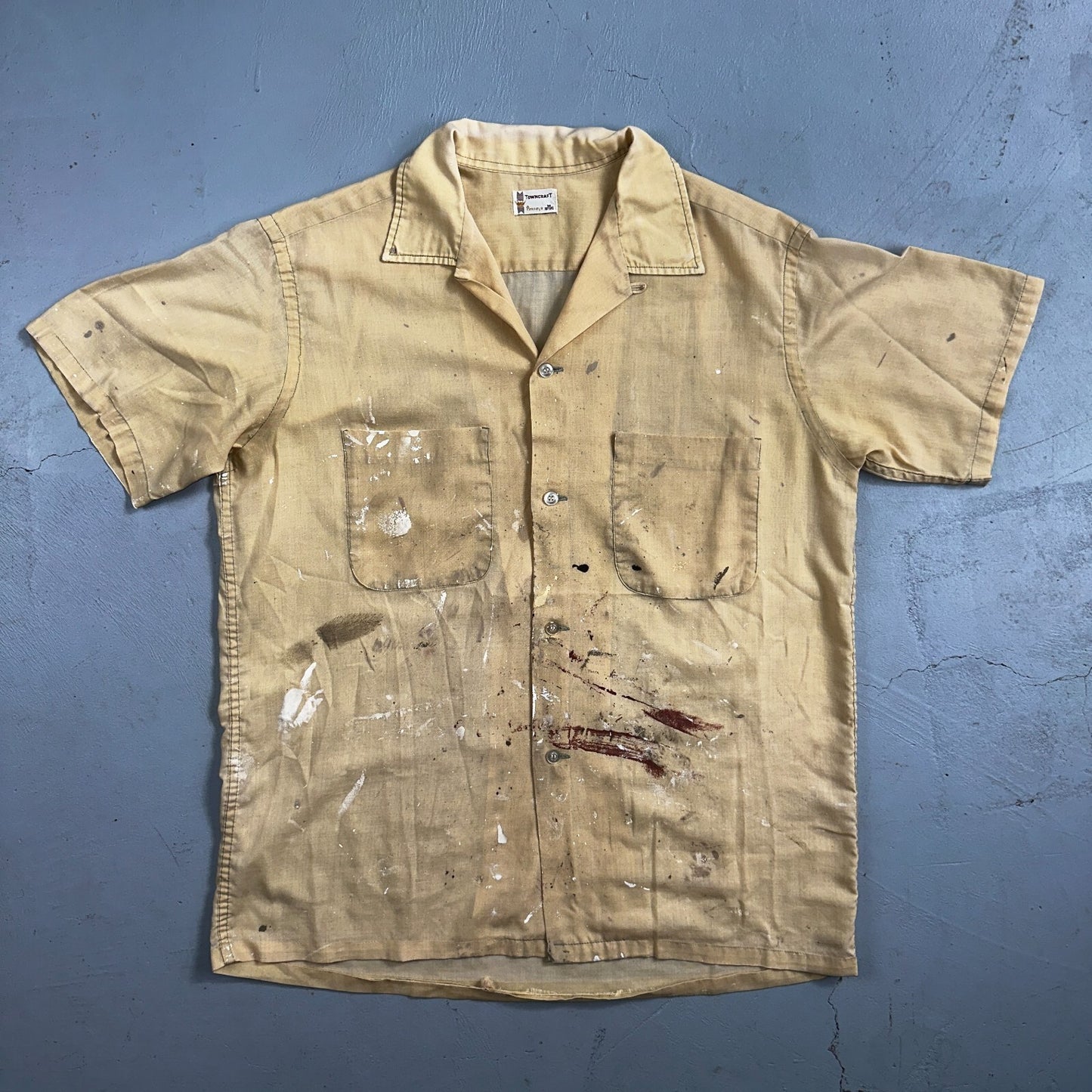 VTG 50s 60s Pennys Towncraft Paint Camp Loop Collar Shirt Rockabilly Button