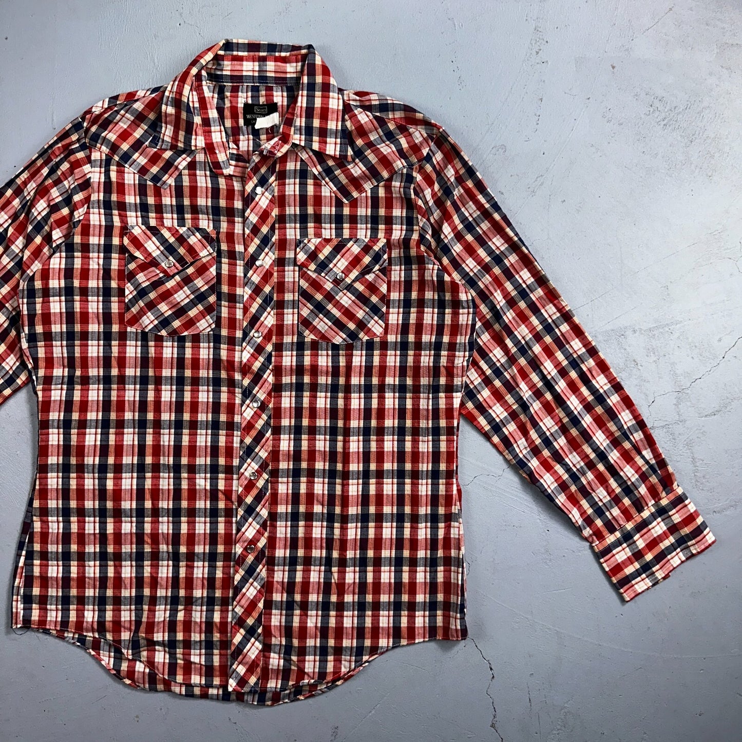 Sears VTG Western Wear L Plaid Ranch Rodeo Shirt Jacket Pearl Snap Red 16