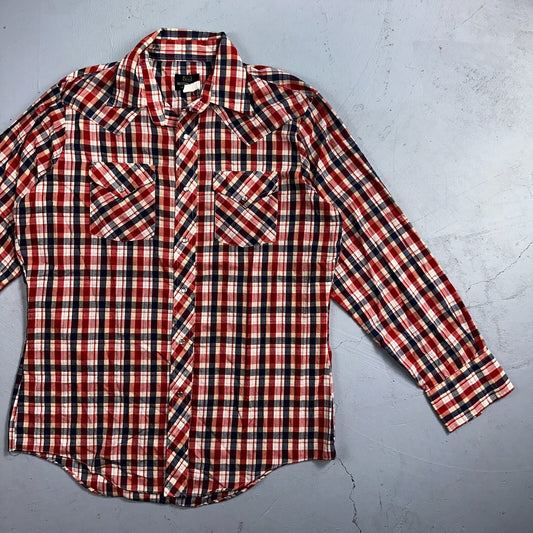 Sears VTG Western Wear L Plaid Ranch Rodeo Shirt Jacket Pearl Snap Red 16