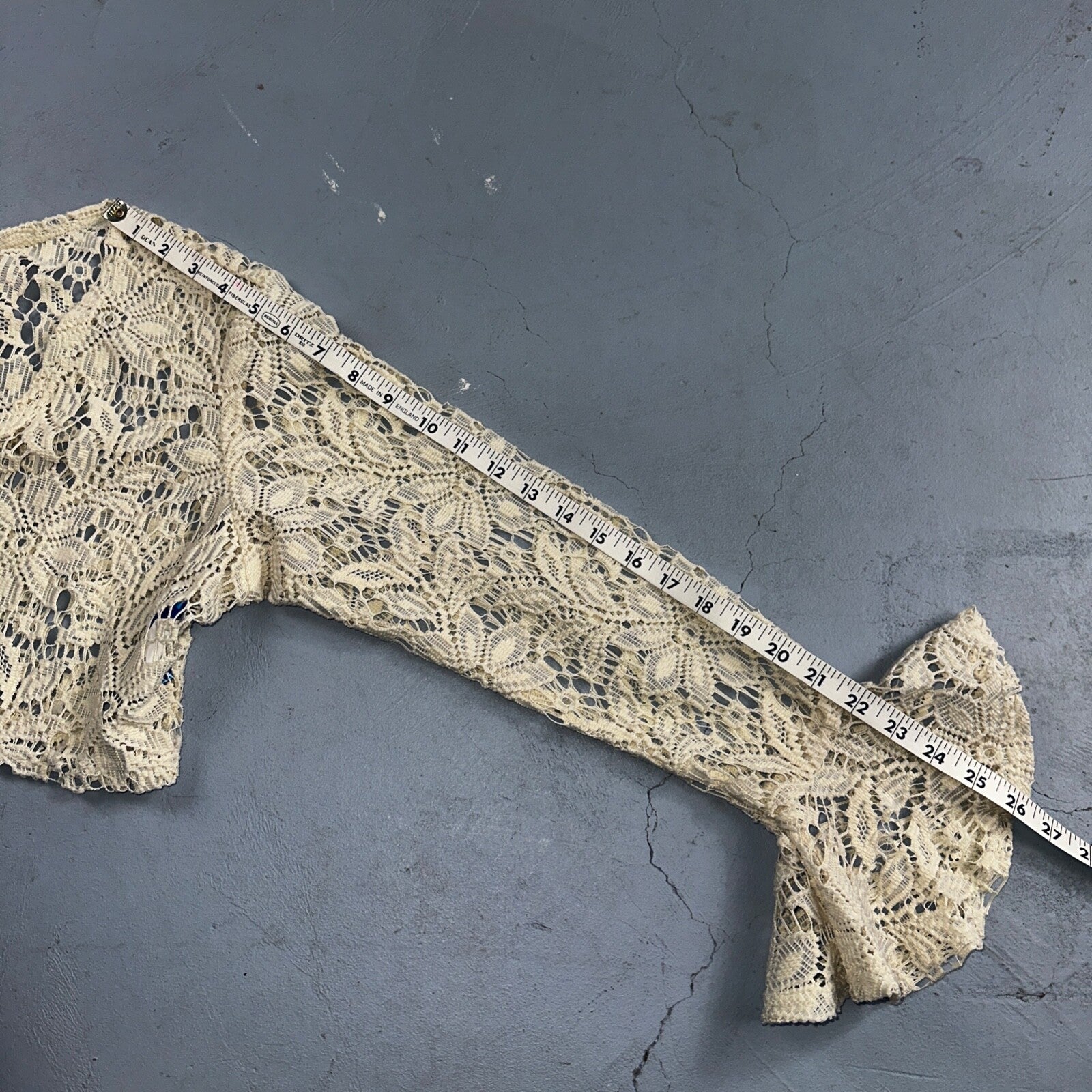 Womens Beige Open Knit Cardigan Sweater Jumper Pullover Size S Lace Crop Top 80s