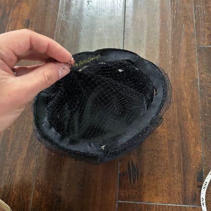 Vintage Hattie Carnegie Hat Black Silk Velvet Leaves 1930s 30s 40s 50s Small Cap