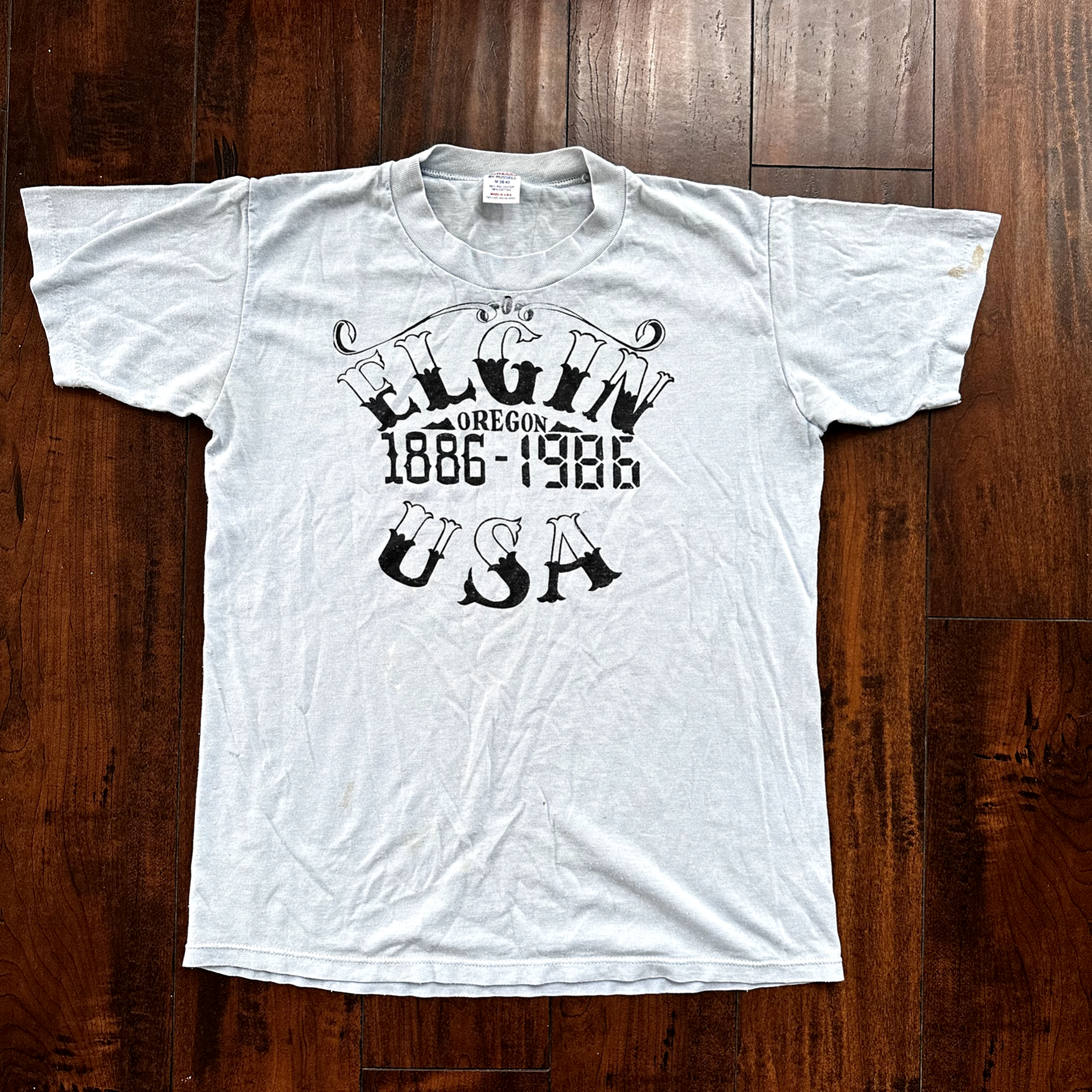 Oregon Elgin USA Vintage T Shirt 1986 80s Single Stitch Blue Running Eugene