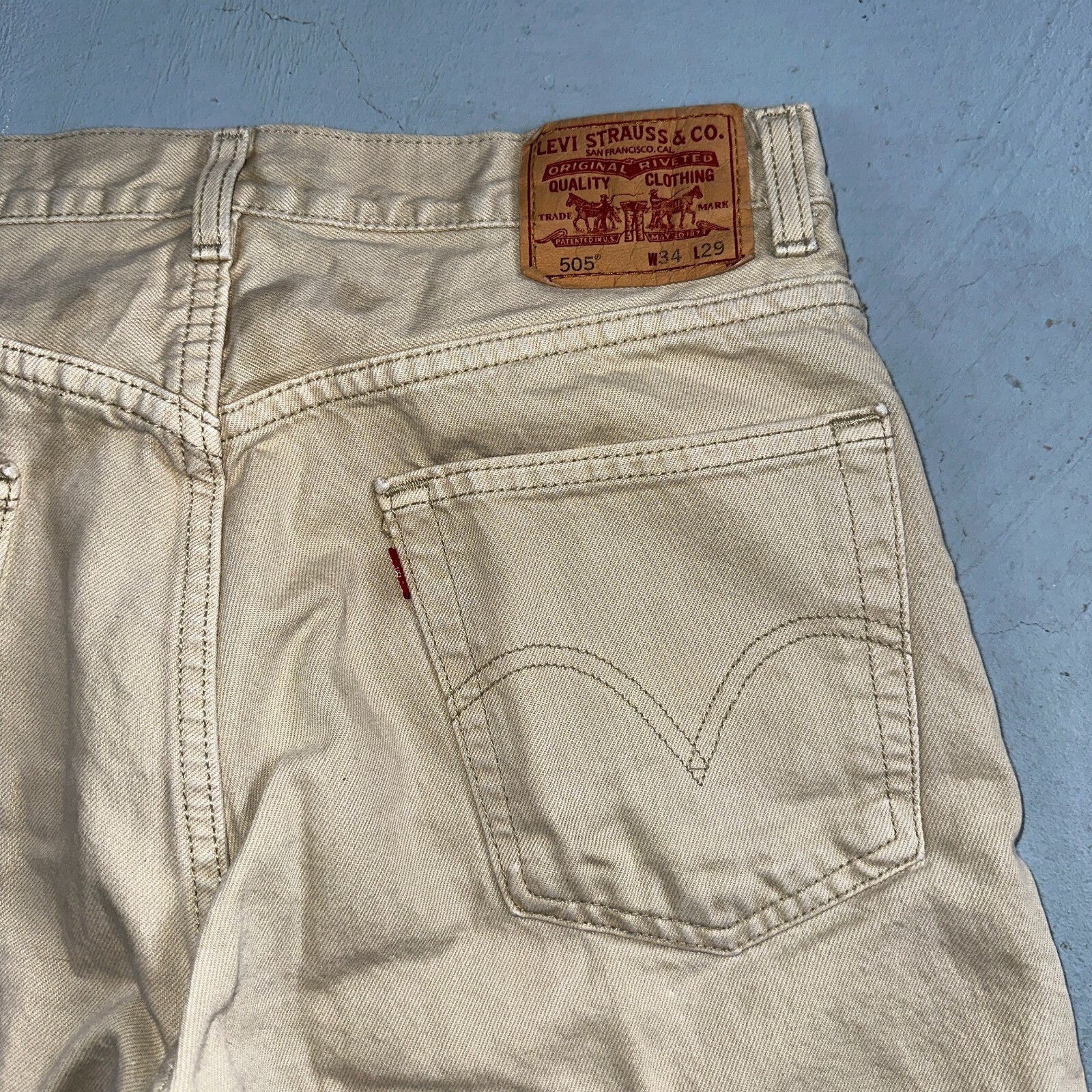 Levis 505 Vintage Y2K Jeans Beige Stained Zipper Fly Straight 34x29 Act 32x28