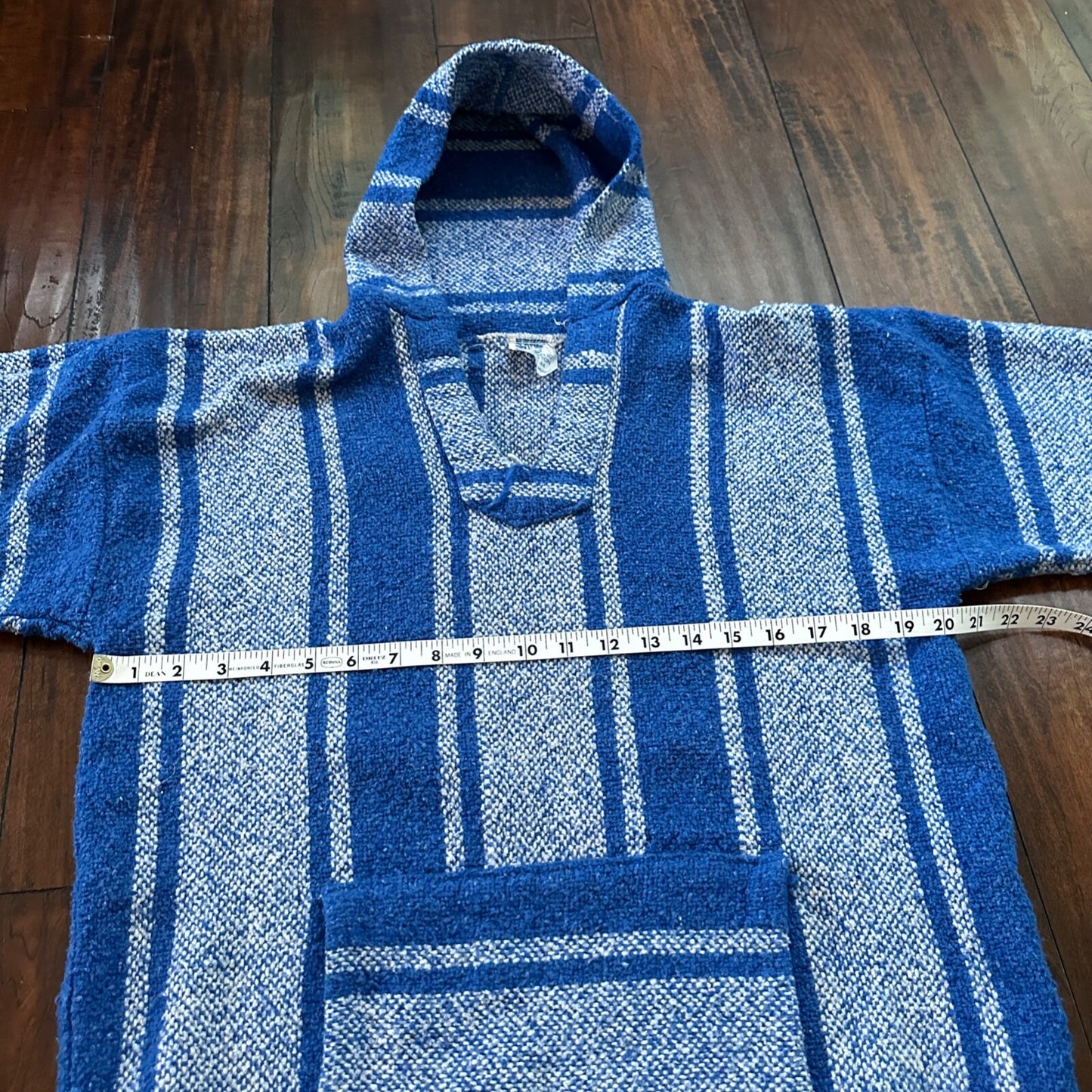 VTG Mexican Poncho Baja Hoodie Surfer Skater Drug Rug Pullover Blue White L
