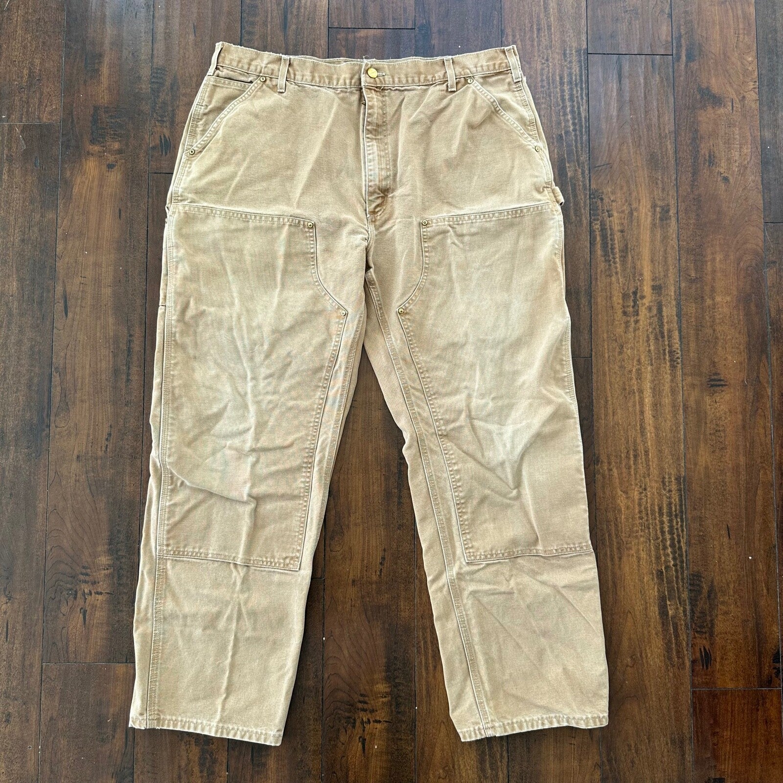 VTG USA Carhartt Thrashed Double Knee Work Dungaree Duck Brown 90s Pants 42x32