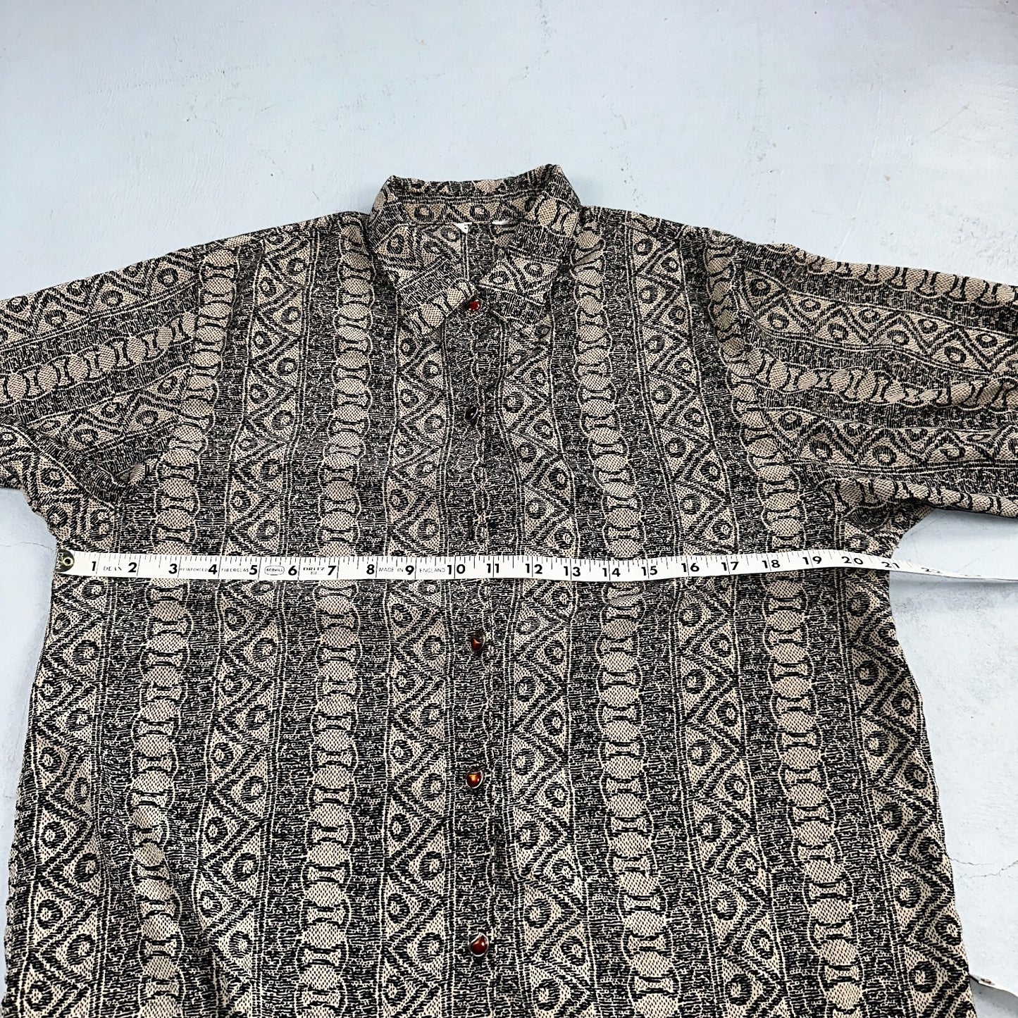Hawaiian Regular Fit Shirt Men L Gray Geometric Tribal Button Up 80s VTG