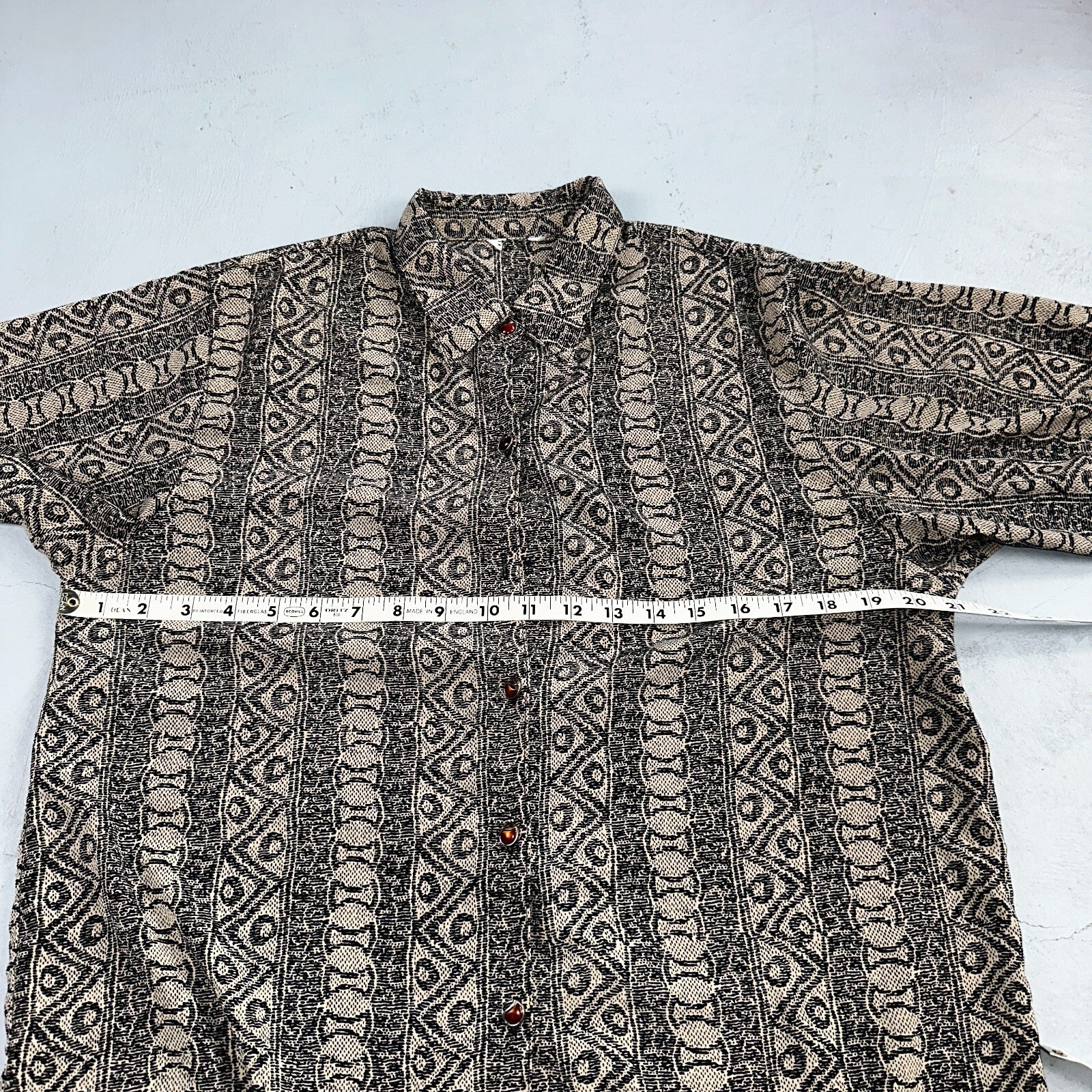 Hawaiian Regular Fit Shirt Men L Gray Geometric Tribal Button Up 80s VTG