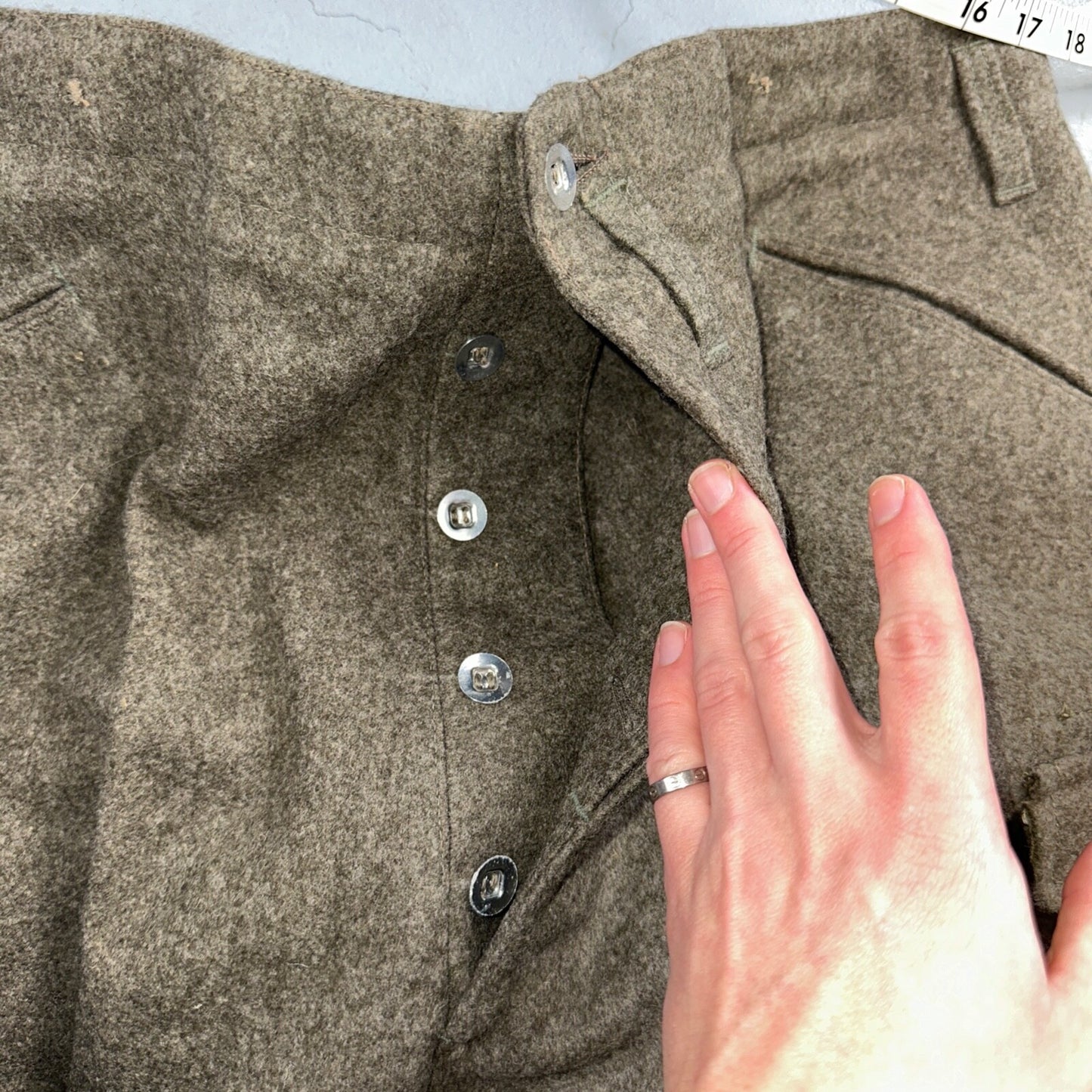 Vintage 1940s Swedish Army Wool Cargo Heavy Pants WWII Leather Straps 35x32