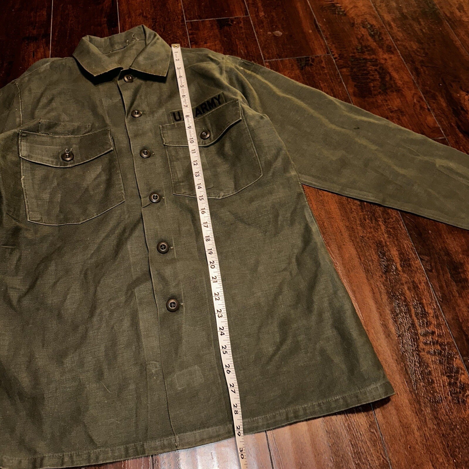 Vintage US Military Shirt OG-107 Vietnam 1970s DSA 1975 Post WWII Camo Green