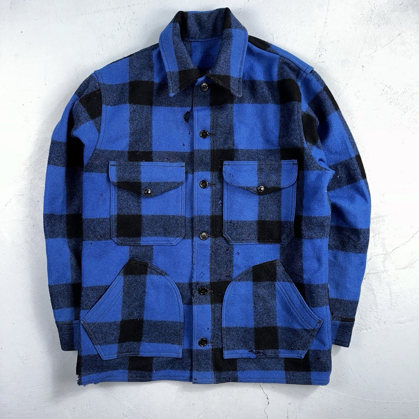 Filson CC Wool Mackinaw Cruiser Jacket Blue Plaid L Distressed VTG USA