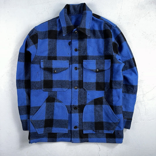 Filson CC Wool Mackinaw Cruiser Jacket Blue Plaid L Distressed VTG USA