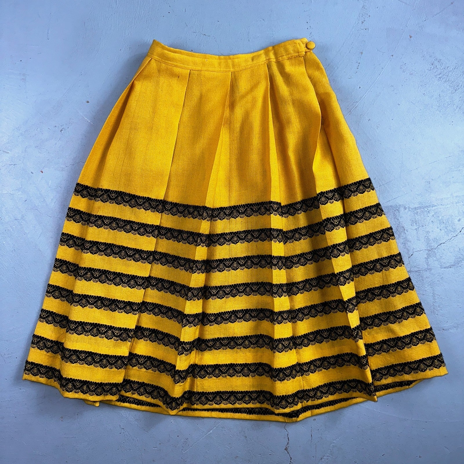 Vintage Marlies Handwebe Tyrol Skirt Yellow Wool Black Lace Trim Austria 50s