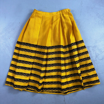 Vintage Marlies Handwebe Tyrol Skirt Yellow Wool Black Lace Trim Austria 50s