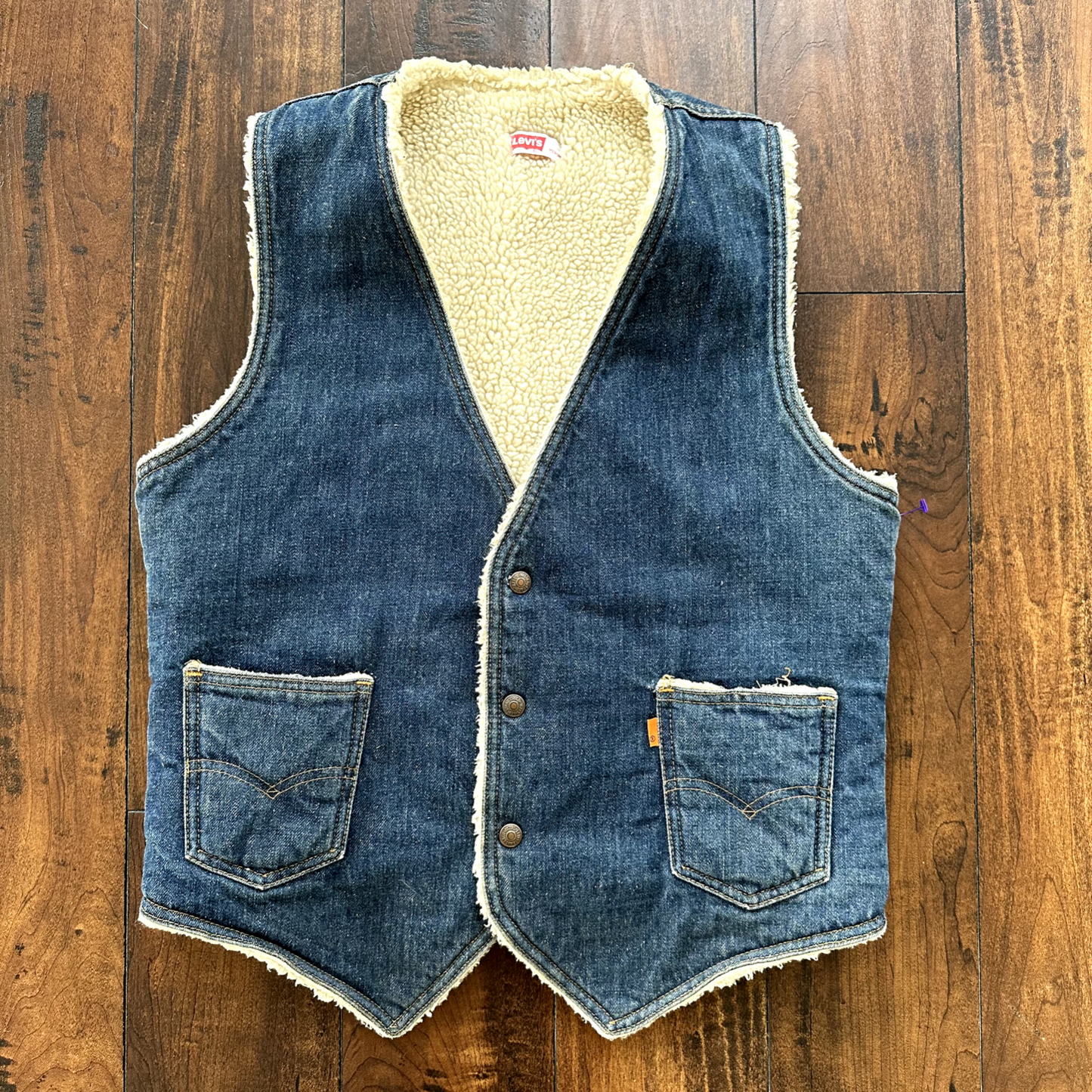 Vintage Levis Denim Sherpa Lined Vest Blue Jean Jacket 70s Orange Tab Medium