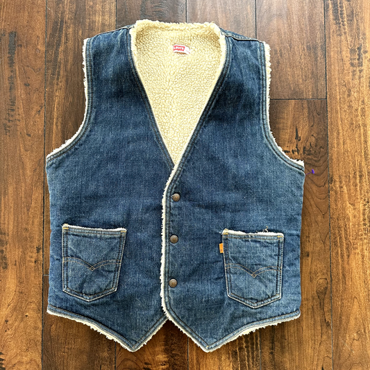 Vintage Levis Denim Sherpa Lined Vest Blue Jean Jacket 70s Orange Tab Medium