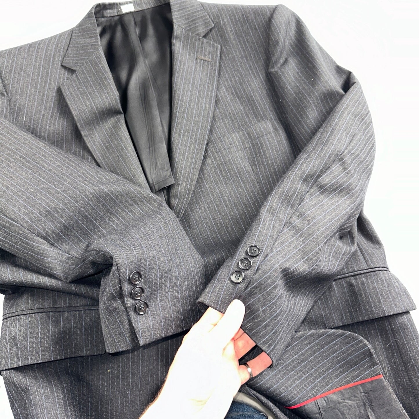 VTG Botany 500 Couture 42 USA MADE 2Pc Black/Gray Pinstriped Wool Suit