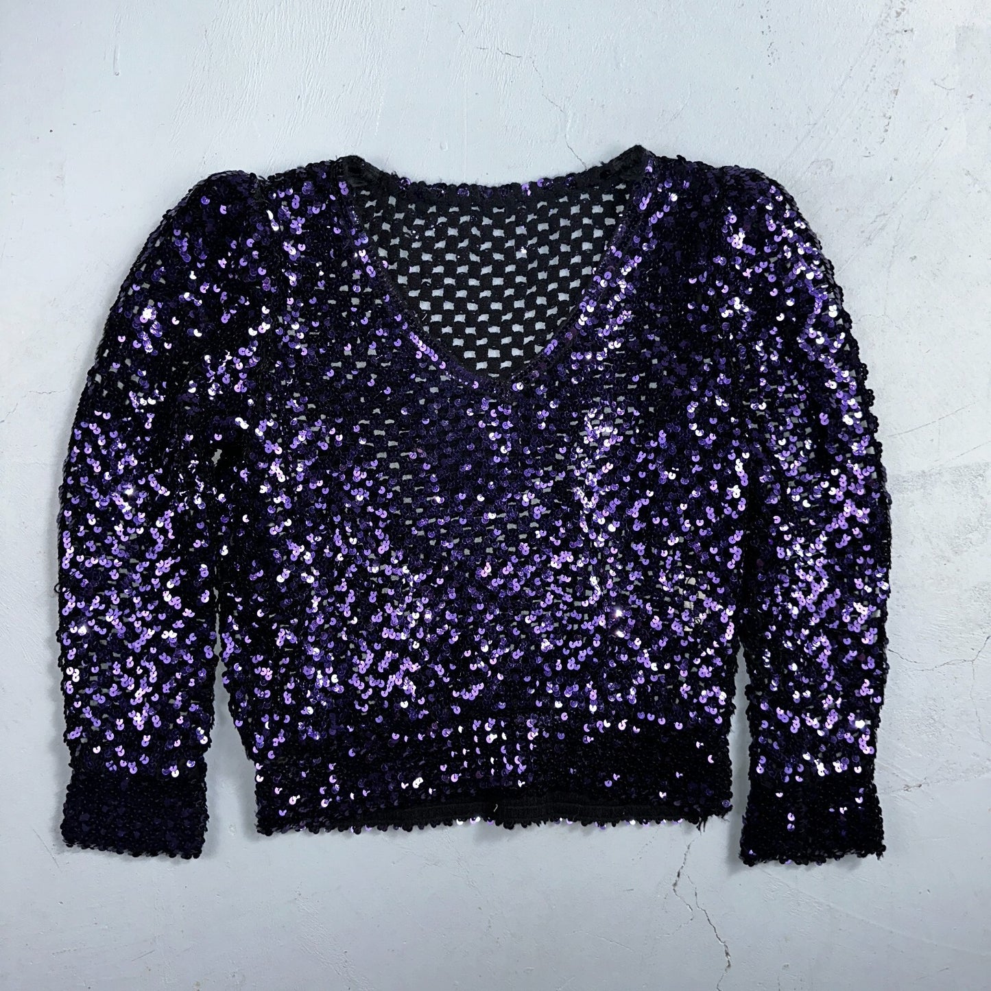 Partique Purple Sequin Disco Glam Party Studio 54 Long Sleeve Shirt Top 6 Dance