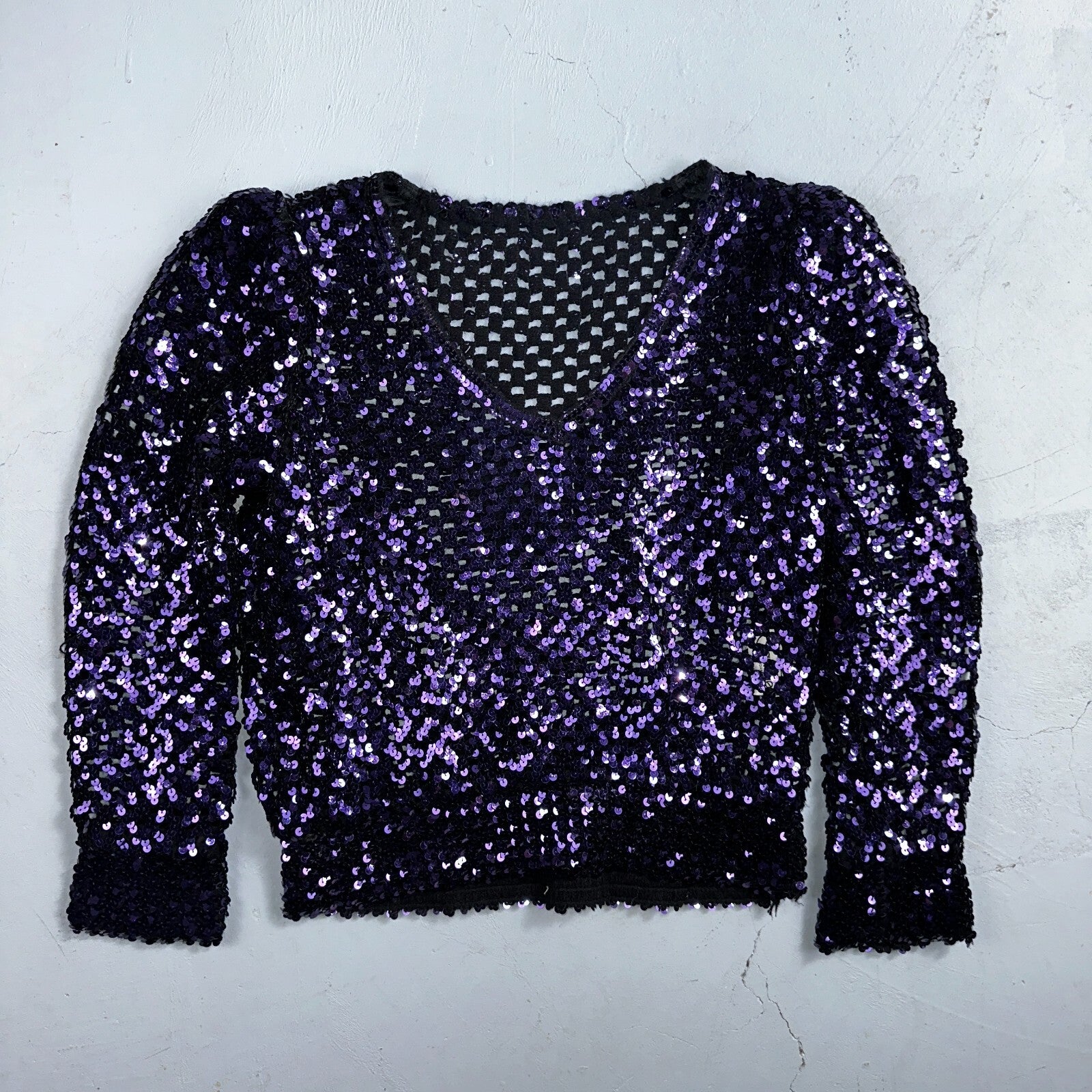 Partique Purple Sequin Disco Glam Party Studio 54 Long Sleeve Shirt Top 6 Dance