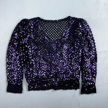 Partique Purple Sequin Disco Glam Party Studio 54 Long Sleeve Shirt Top 6 Dance