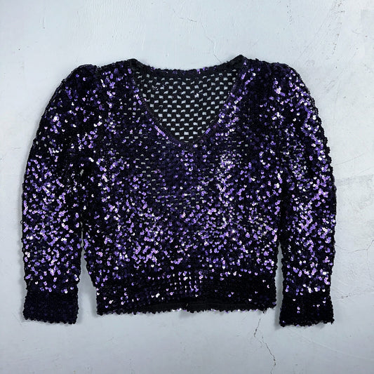 Partique Purple Sequin Disco Glam Party Studio 54 Long Sleeve Shirt Top 6 Dance