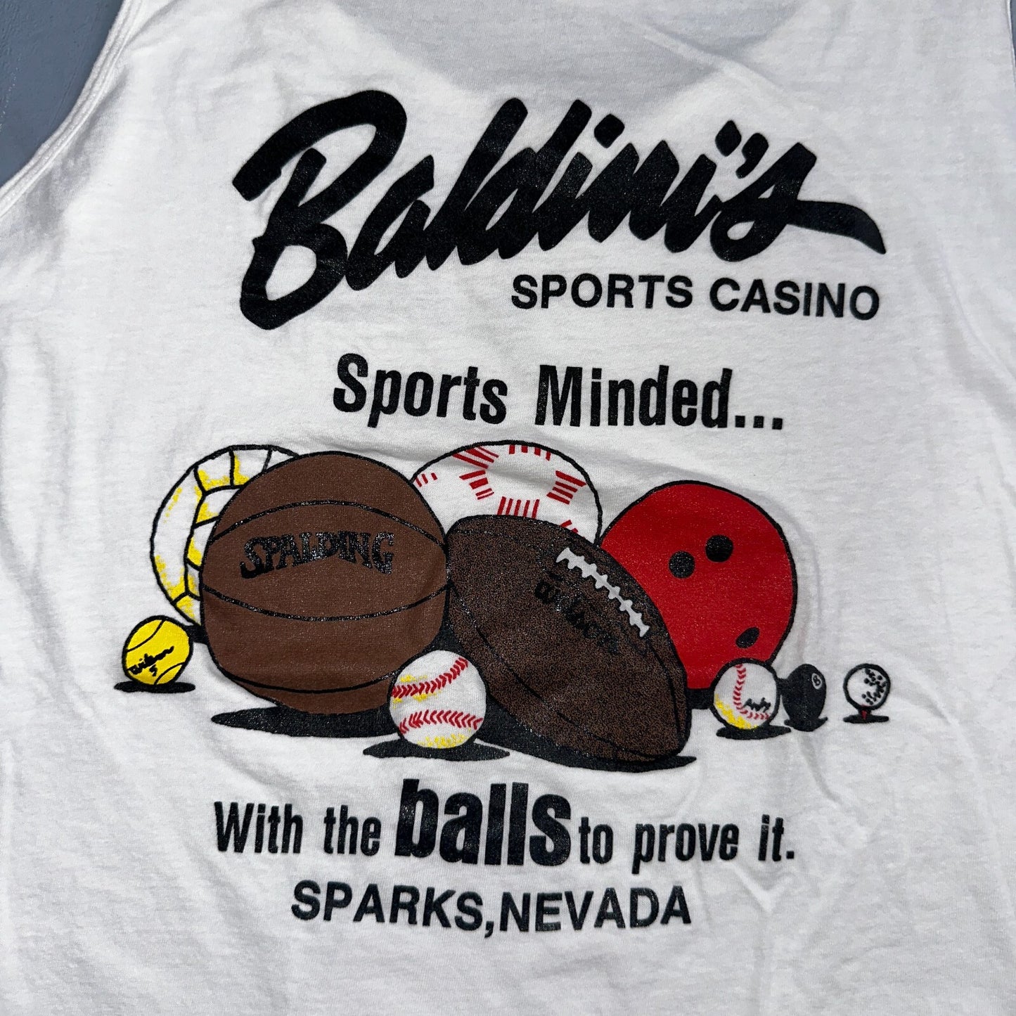 Got Balls Spalding Basketball VTG T Shirt White Tank 80s Baldinis Casino Nevada
