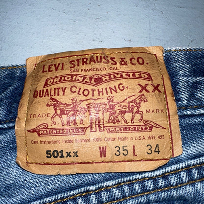 Levis 501 Vintage 90s USA XX Straight Leg Jeans Blue Light Wash 35x34 Act 32x30