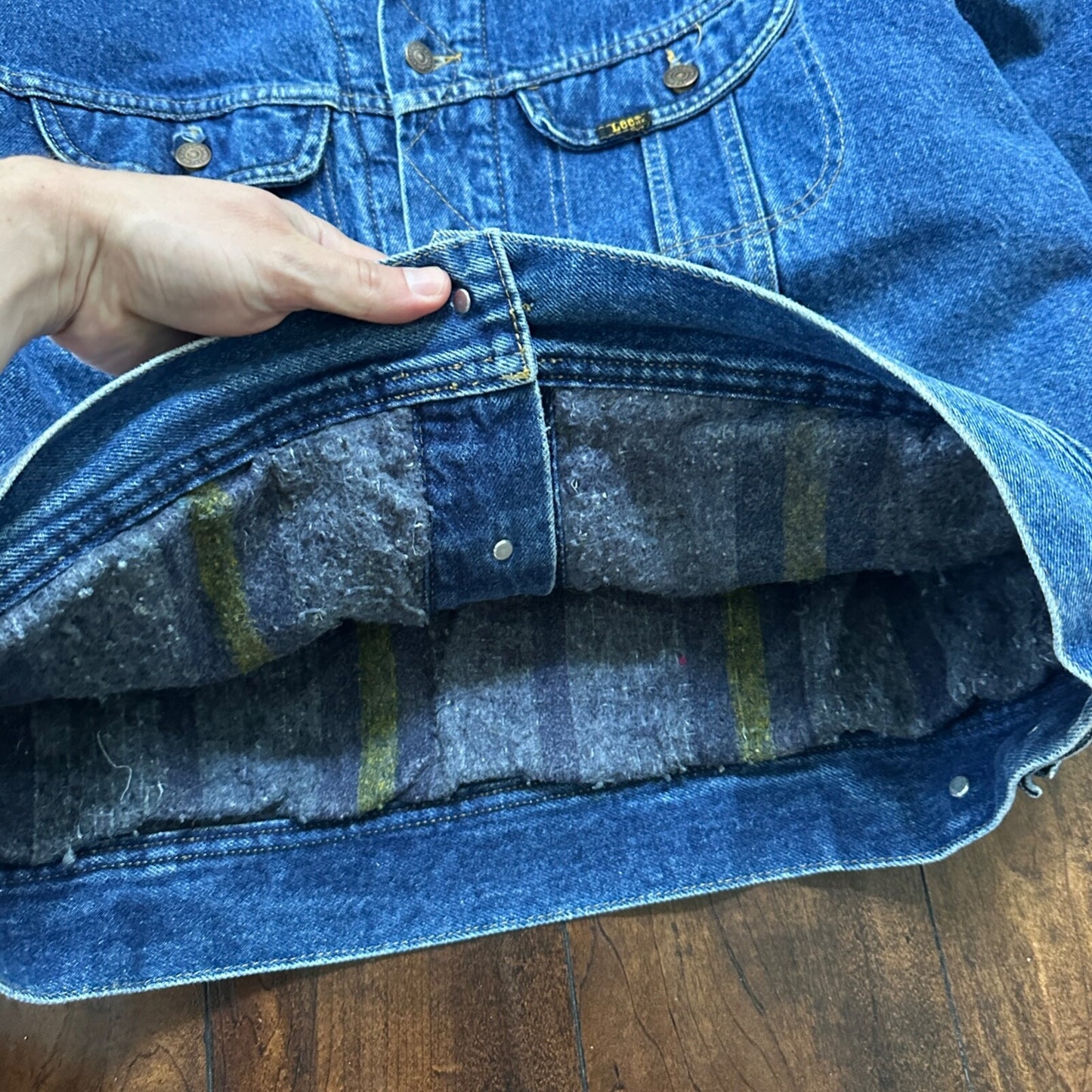 VTG Lee Storm Rider Blue Denim Blanket Lined Jacket Sz L Regular Wool USA MADE