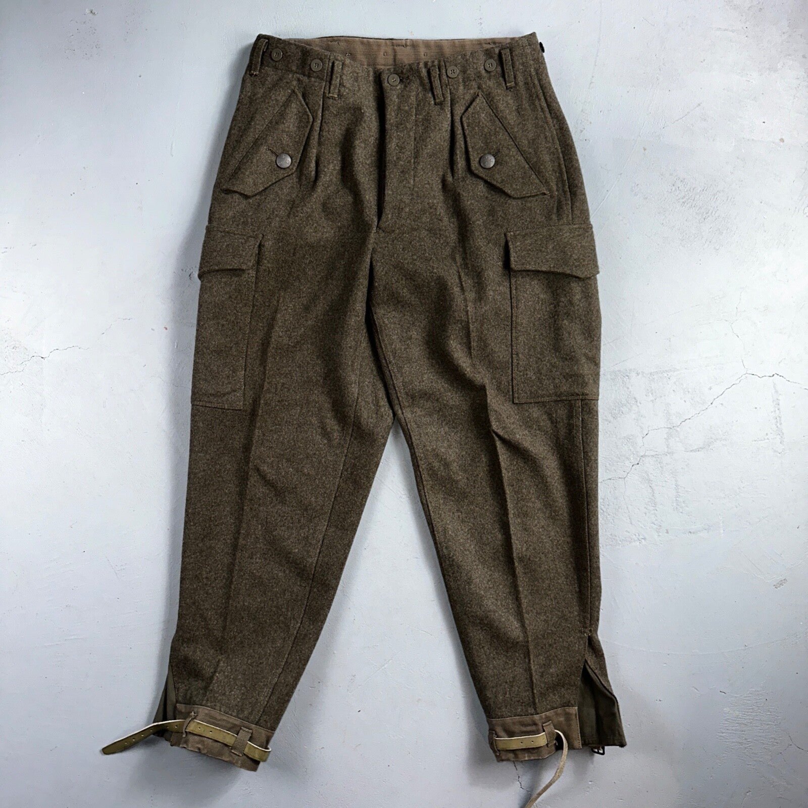 Vintage 1960s Swedish Army Wool Cargo Heavy Pants WWII Leather Straps 34x31