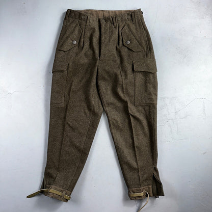 Vintage 1960s Swedish Army Wool Cargo Heavy Pants WWII Leather Straps 34x31