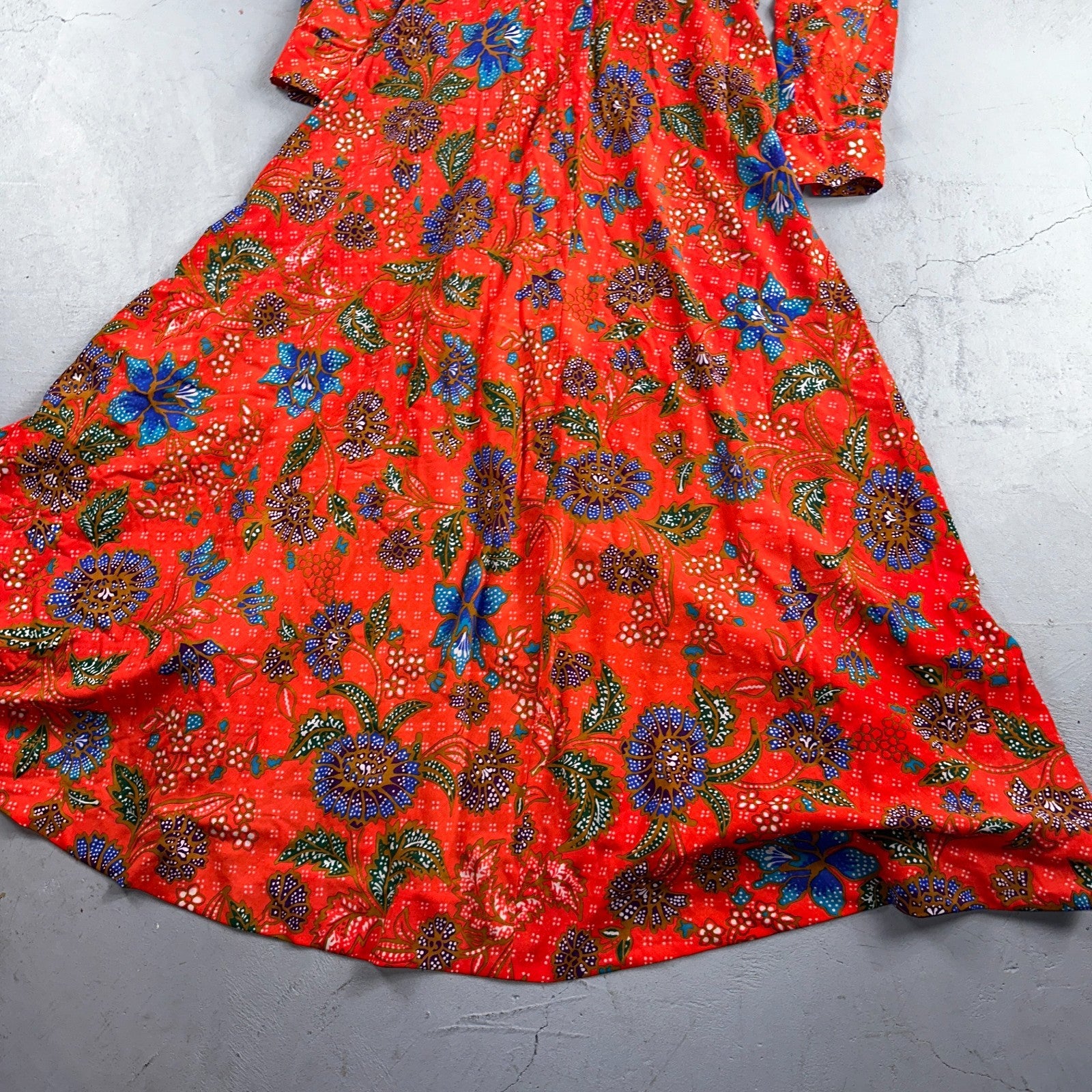 Vintage Denise Maxi Dress Red Floral Batik Boho 70s Style Hermosa Beach CA Rare