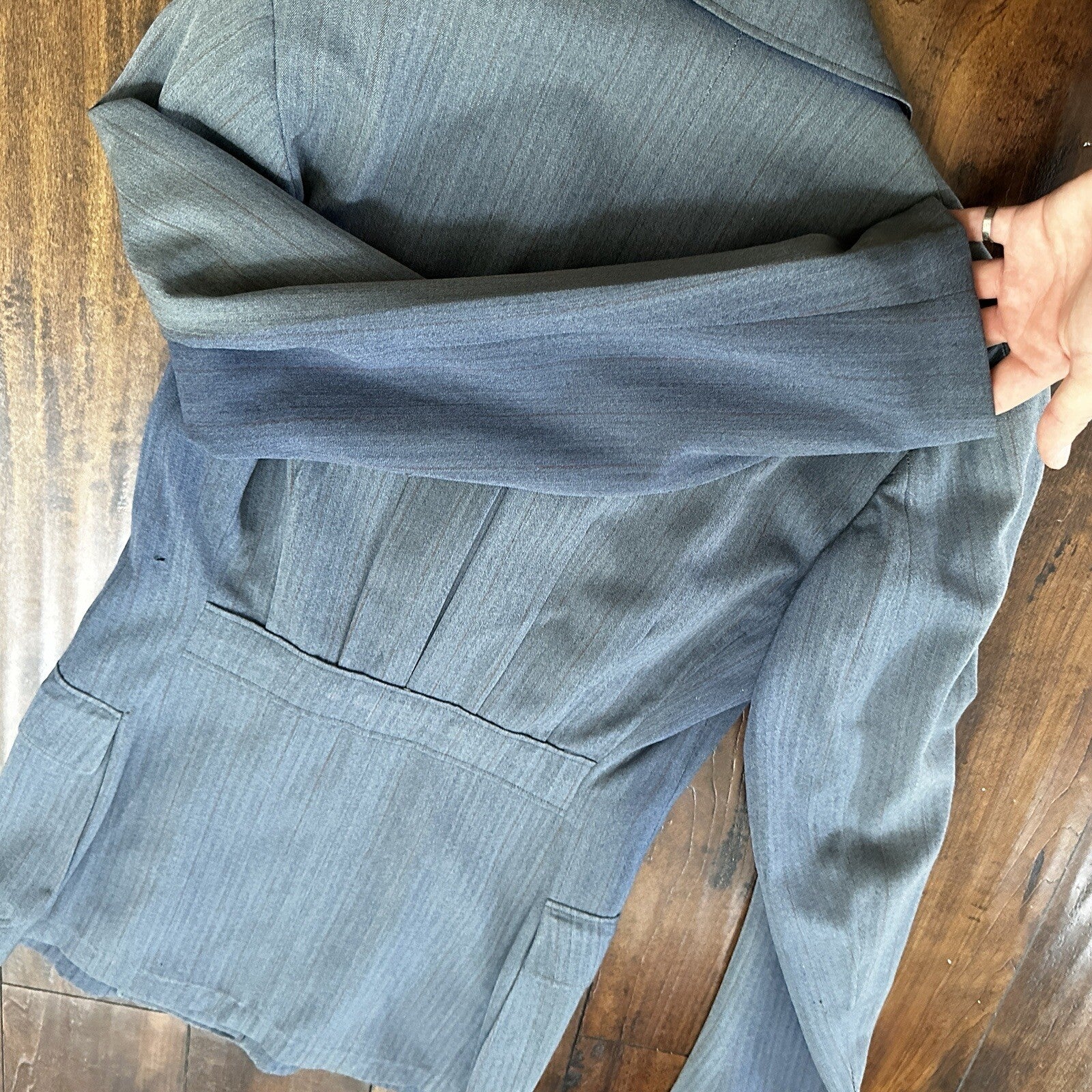 30s 40s 3 pc Pinstripe Blue Double Breasted Suit Belt Back Wool 34 26x31 Faded